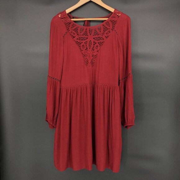 NWT American Eagle Outfitters Womens Boho Lace Peasant Mini Dress M Burgundy - Picture 1 of 10